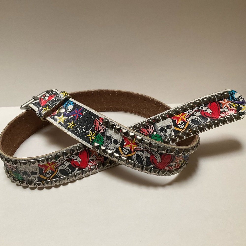 C-Red (miniCred) Distressed Studded Skulls and Red Hearts BELT Tattoo PUNK ROCK
